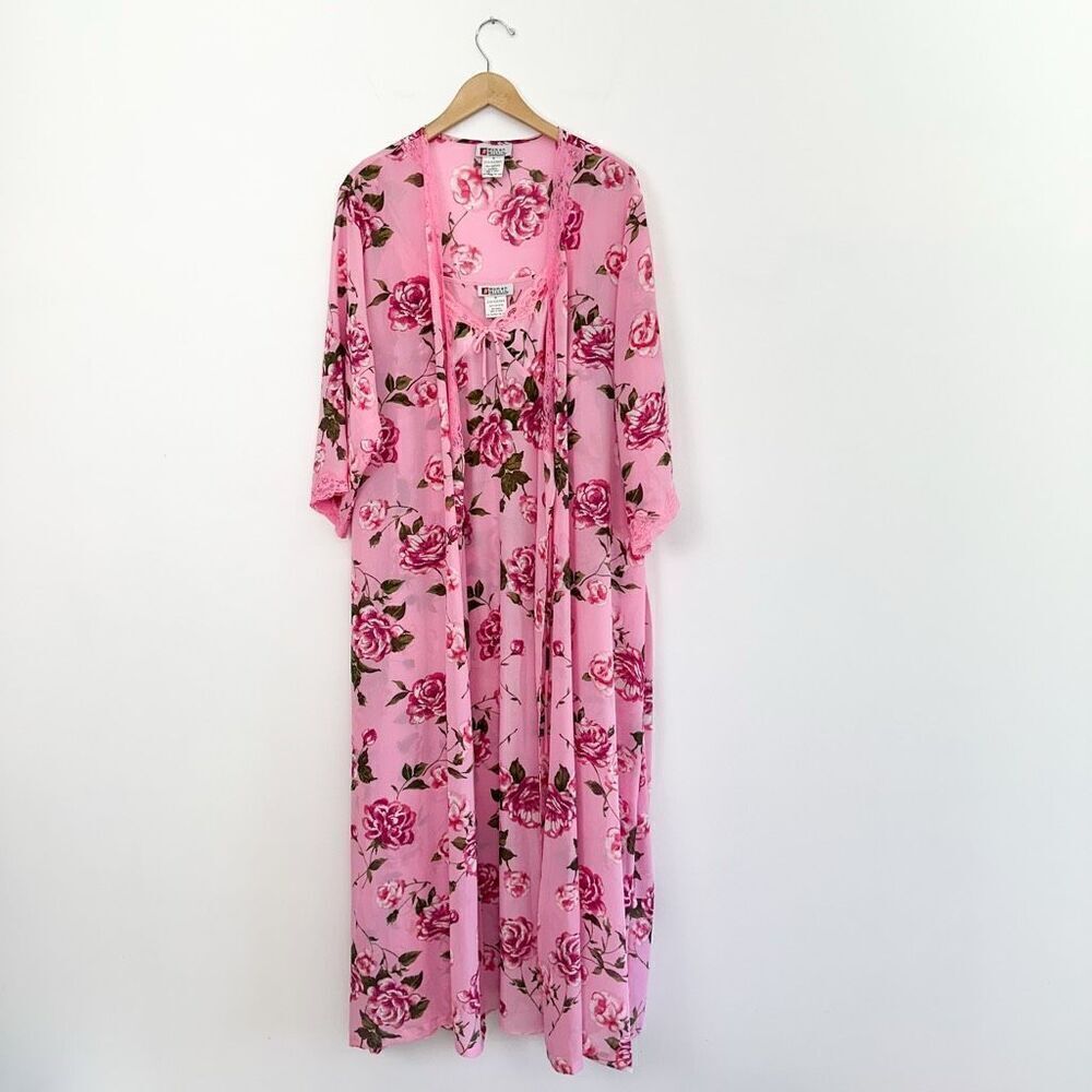 Woman Within Vintage Y2K 2 Piece Rose Printed Pink Lace Trim Slip Dress Robe Int